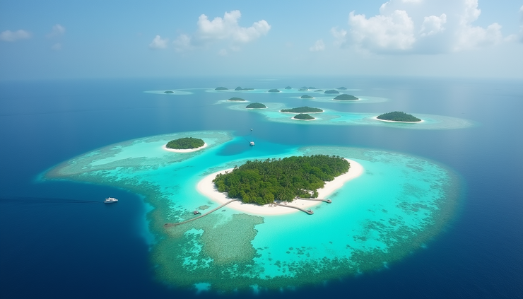 Vista aerea di una laguna turchese circondata da isole coralline alle Maldive