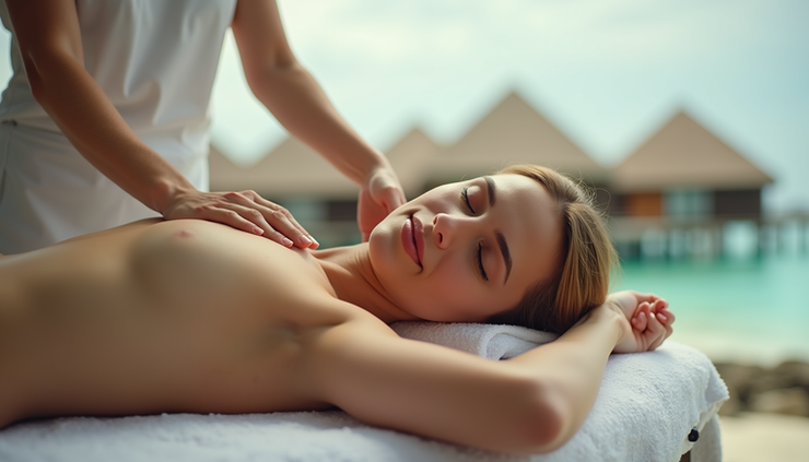 Vue rapprochée d’un couple recevant un massage en plein air dans un spa aux Maldives