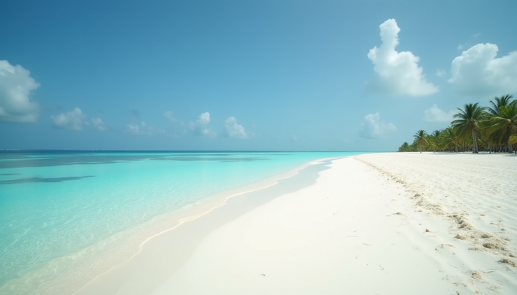 Vista panorámica a nivel de ojo de una playa desierta con aguas cristalinas y arena blanca en Maldivas
