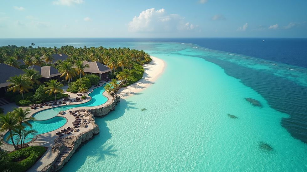 Vista aerea di un resort maldiviano con piscina e spiaggia bianca