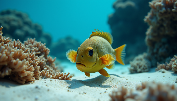 Weitwinkelaufnahme eines Papageifischs, der Korallen abnagt, mit feinem Sand am Meeresboden