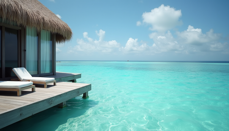 Vue rapprochée d’une terrasse de villa sur pilotis avec accès direct à la mer