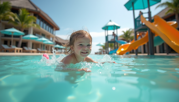 Vista cercana de un área de juegos acuáticos para niños en un resort familiar en Maldivas