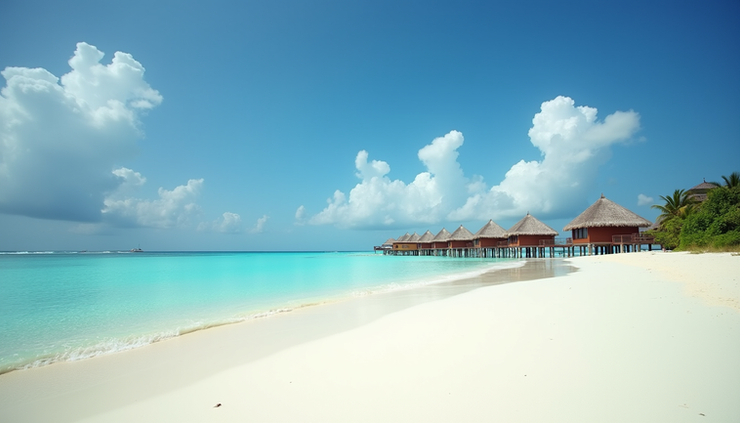 Vista panoramica a livello degli occhi di una spiaggia bianca con acque cristalline e bungalow sull'acqua