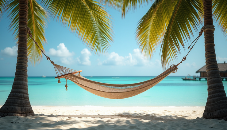 Vue rapprochée d’un hamac suspendu entre deux palmiers sur une plage maldivienne