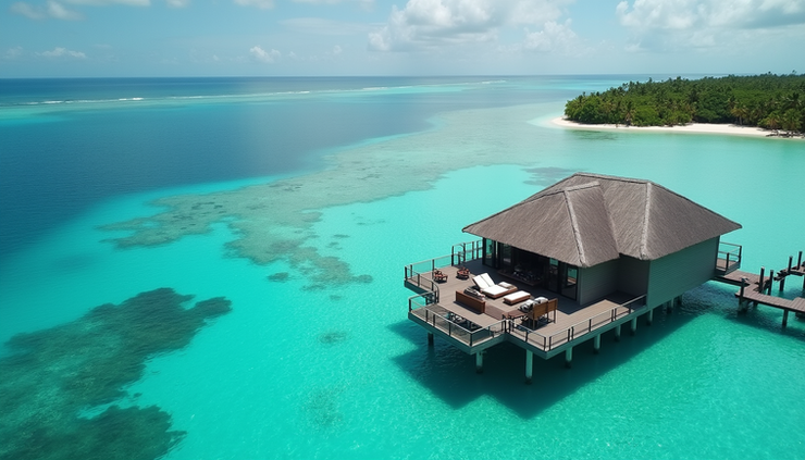 Blick aus der Vogelperspektive auf eine luxuriöse Water Villa über dem türkisblauen Meer