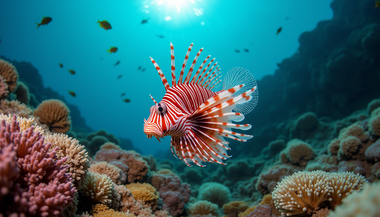 Weitwinkelaufnahme eines Rotfeuerfischs in einem Korallenriff mit umliegender Meeresfauna