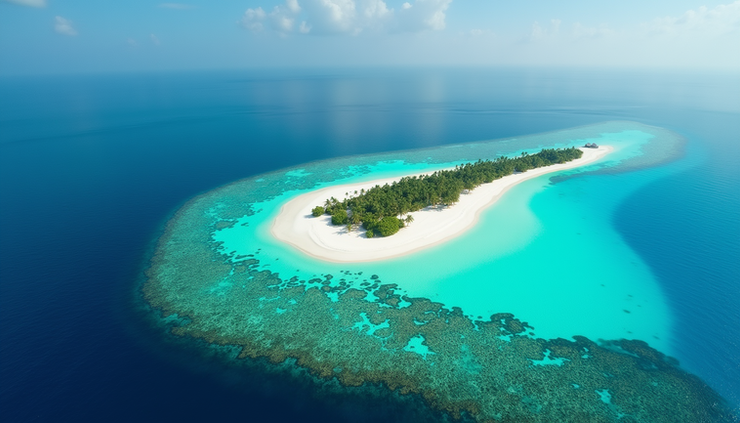 Vue aérienne d’un atoll aux Maldives avec eaux turquoise et récifs coralliens