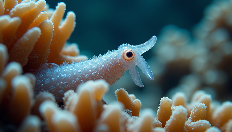 Seitenansicht eines Riffkalmars, der sich in einem Korallenriff tarnt