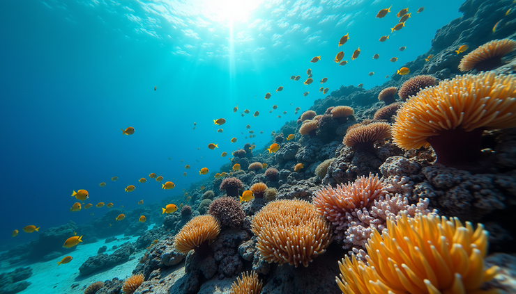 Vue sous-marine d’un récif corallien coloré avec poissons tropicaux aux Maldives