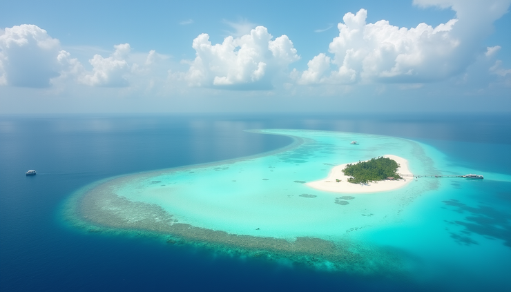 Vista aérea de atolón maldivo con aguas turquesas y cielo parcialmente nublado
