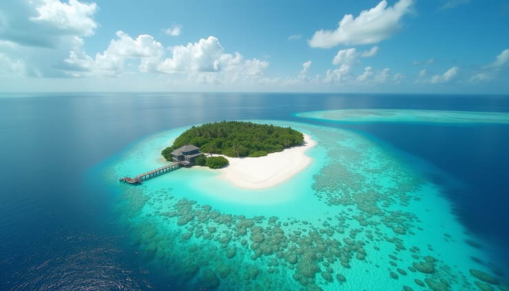 Vue aérienne d’un atoll maldivien avec lagon turquoise et récifs coralliens