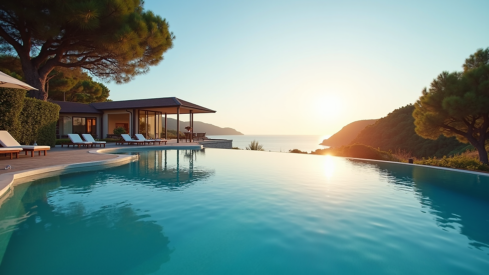 Vista panoramica di un resort con bungalow sull’acqua e piscina a sfioro al tramonto