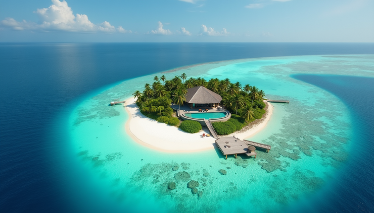 منظر عين الطائر لفيلا فاخرة في المالديف مع إطلالة على البحر