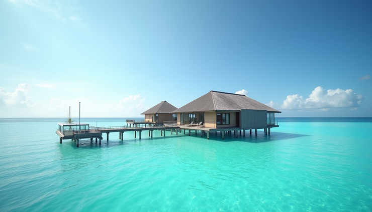 Eye-level view of a quiet overwater villa surrounded by calm turquoise waters