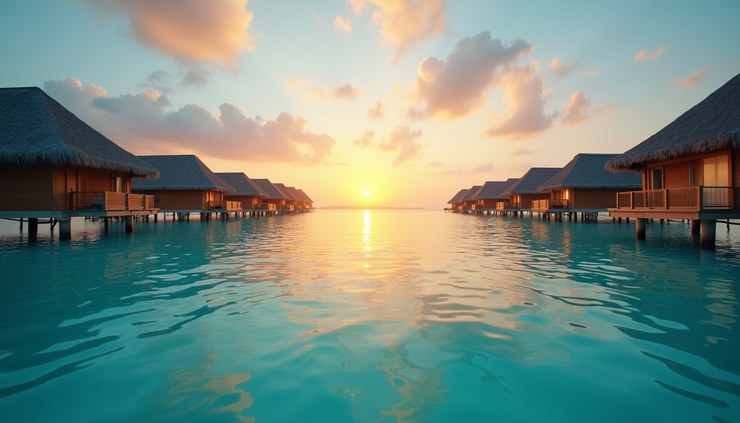 Vista panoramica a livello occhi di una laguna cristallina con bungalow sull'acqua alle Maldive