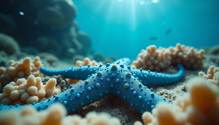 Seestern auf Korallenriff mit klarem Wasser im Hintergrund