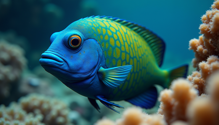 Nahaufnahme eines Napoleon-Lippfischs mit leuchtend blauen und grünen Schuppen