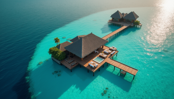 Vue aérienne d'un restaurant sur pilotis aux Maldives avec une table dressée pour un dîner romantique