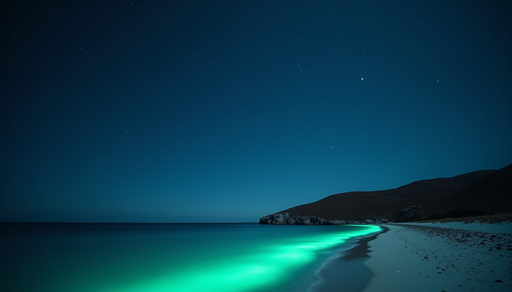 Vue panoramique d’une plage isolée avec une mer bioluminescente scintillante sous un ciel étoilé