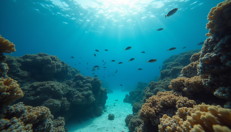 Vue sous-marine d'un tombant corallien avec poissons tropicaux dans l'atoll de South Ari