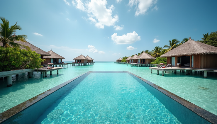 Vista panoramica di un resort alle Maldive con piscina e bungalow sull'acqua