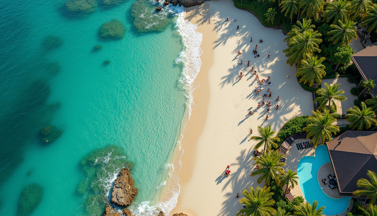 Blick auf ein Resort mit Pool und Strand aus der Vogelperspektive