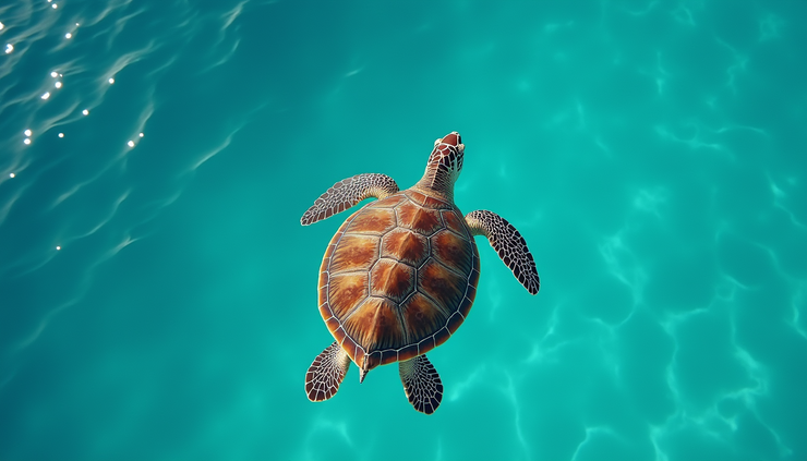 Vista aérea de una tortuga carey emergiendo para respirar en aguas claras de Maldivas
