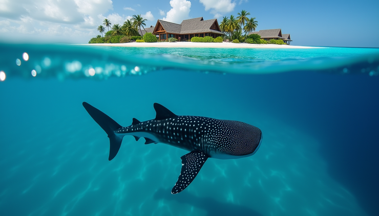 Vista aérea de un tiburón ballena nadando cerca de un atolón en Maldivas
