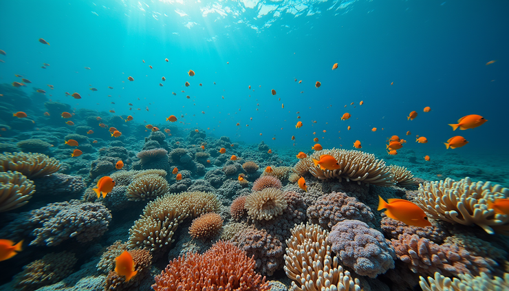 High angle view of vibrant coral reef teeming with diverse marine life in a remote Maldivian atoll