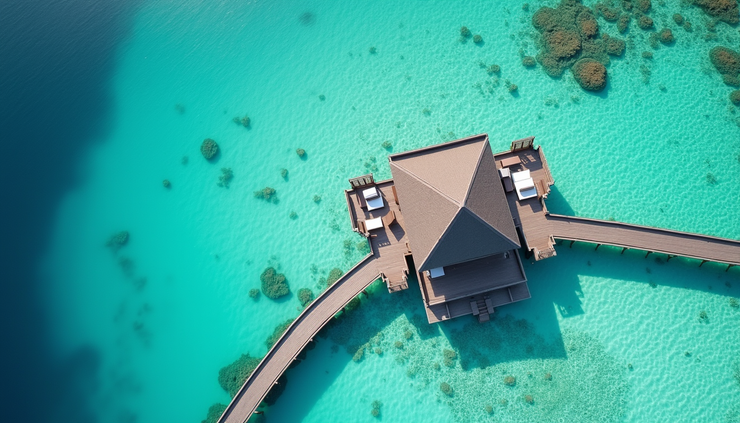 Vue aérienne d’un bungalow sur pilotis aux Maldives avec lagon turquoise