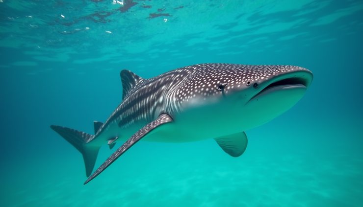 Nahaufnahme eines Walhais, der ruhig durch das türkisfarbene Wasser der Malediven gleitet