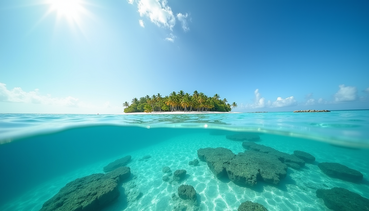 Eye-level view of turquoise lagoon with coral reefs in the Maldives