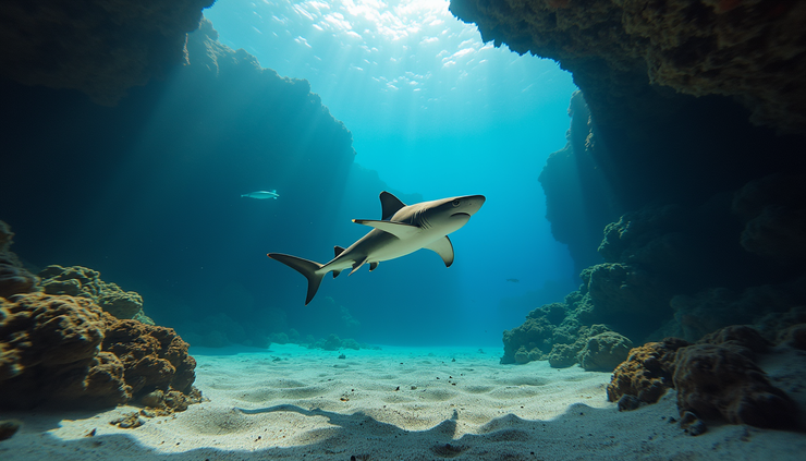 Vista subacquea a livello degli occhi di uno squalo pinna bianca del reef che nuota vicino a una grotta corallina