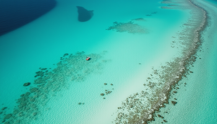 High angle view of a wide, shallow crystalline lagoon with clear turquoise water