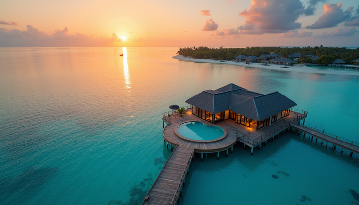 Vista aérea de un bungalow sobre el agua con piscina privada en Maldivas al atardecer