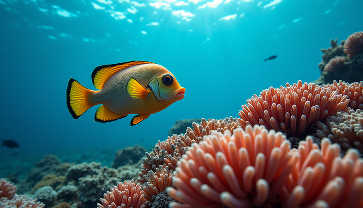 Weitwinkelaufnahme eines Napoleon-Lippfischs, der über ein farbenfrohes Korallenriff schwimmt