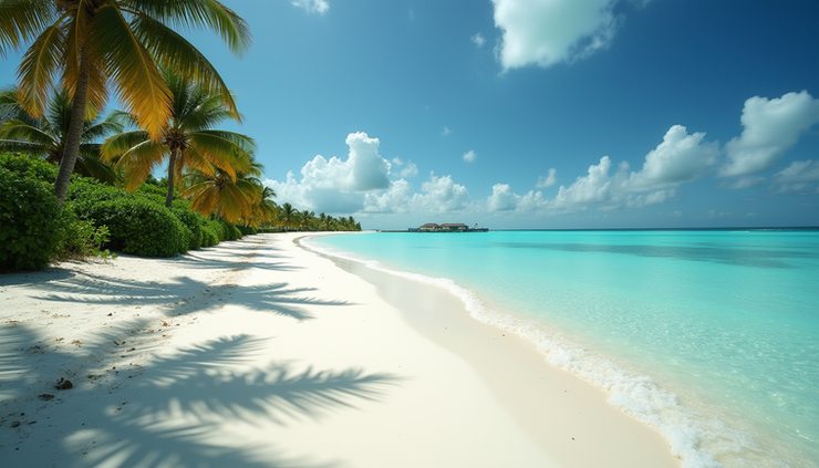 Vista a livello occhi di una spiaggia delle Maldive con palme e mare calmo