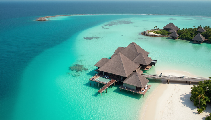 منظر عين الطائر لفيلا فوق الماء في المالديف مع مياه زرقاء صافية