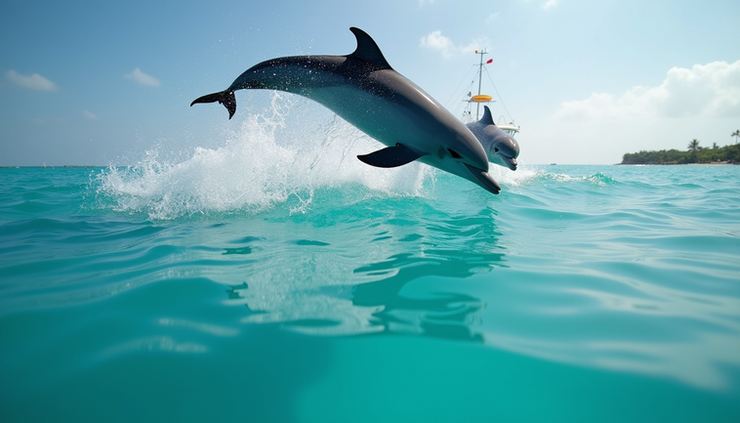 Vista a livello degli occhi di un delfino spinner che salta vicino a una barca nelle acque turchesi delle Maldive