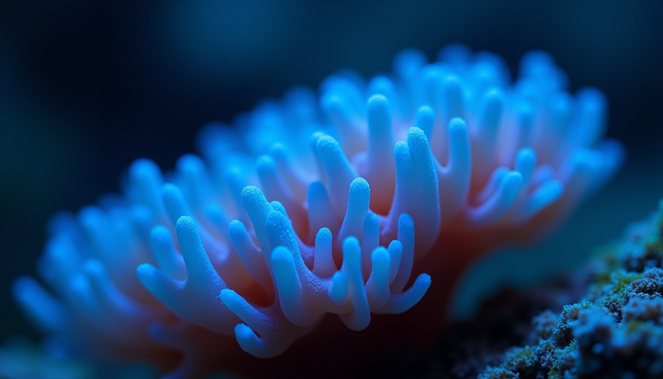 Vista cercana de corales abiertos iluminados por luz azul durante snorkel nocturno