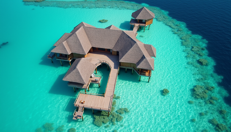 Vue aérienne d’un bungalow privé sur pilotis entouré d’eaux cristallines aux Maldives