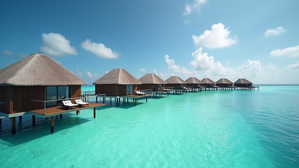 Vista panoramica di un resort alle Maldive con bungalow sull’acqua
