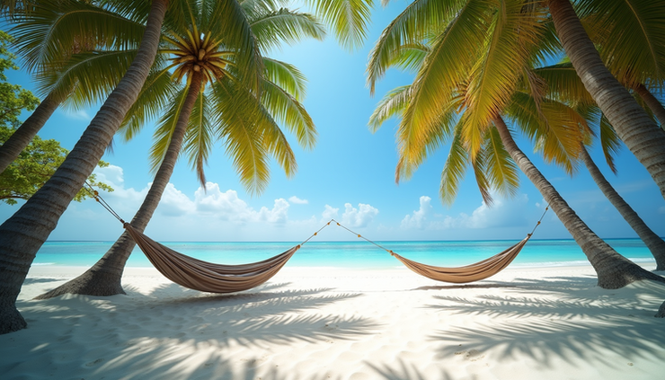 Vista a livello degli occhi di una spiaggia bianca con amache tra le palme alle Maldive