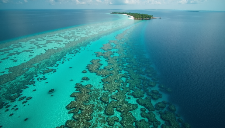 Vista aérea de un arrecife de coral en Maldivas mostrando la extensión y diversidad del ecosistema