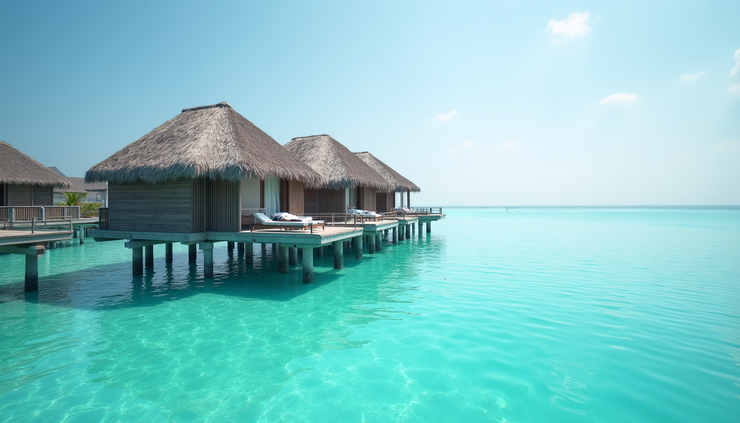 Eye-level view of a secluded overwater bungalow surrounded by calm turquoise waters