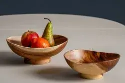 Kinta handmade ethical acacia wood bowl on foot available from Iris Lifestyle Cambridge  UK