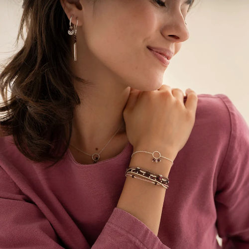 Thumbnail: A Beautiful Story Careful Silver Plated Bracelet with Garnet + Rose Quartz available from Iris Lifestyle Cambridge UK