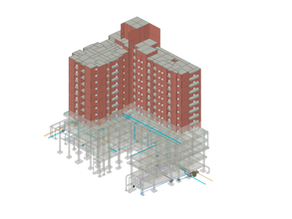 Modelo 3D de Projeto de Engenharia em BIM mostrando a compatibilização entre estrutura e instalações hidrossanitárias