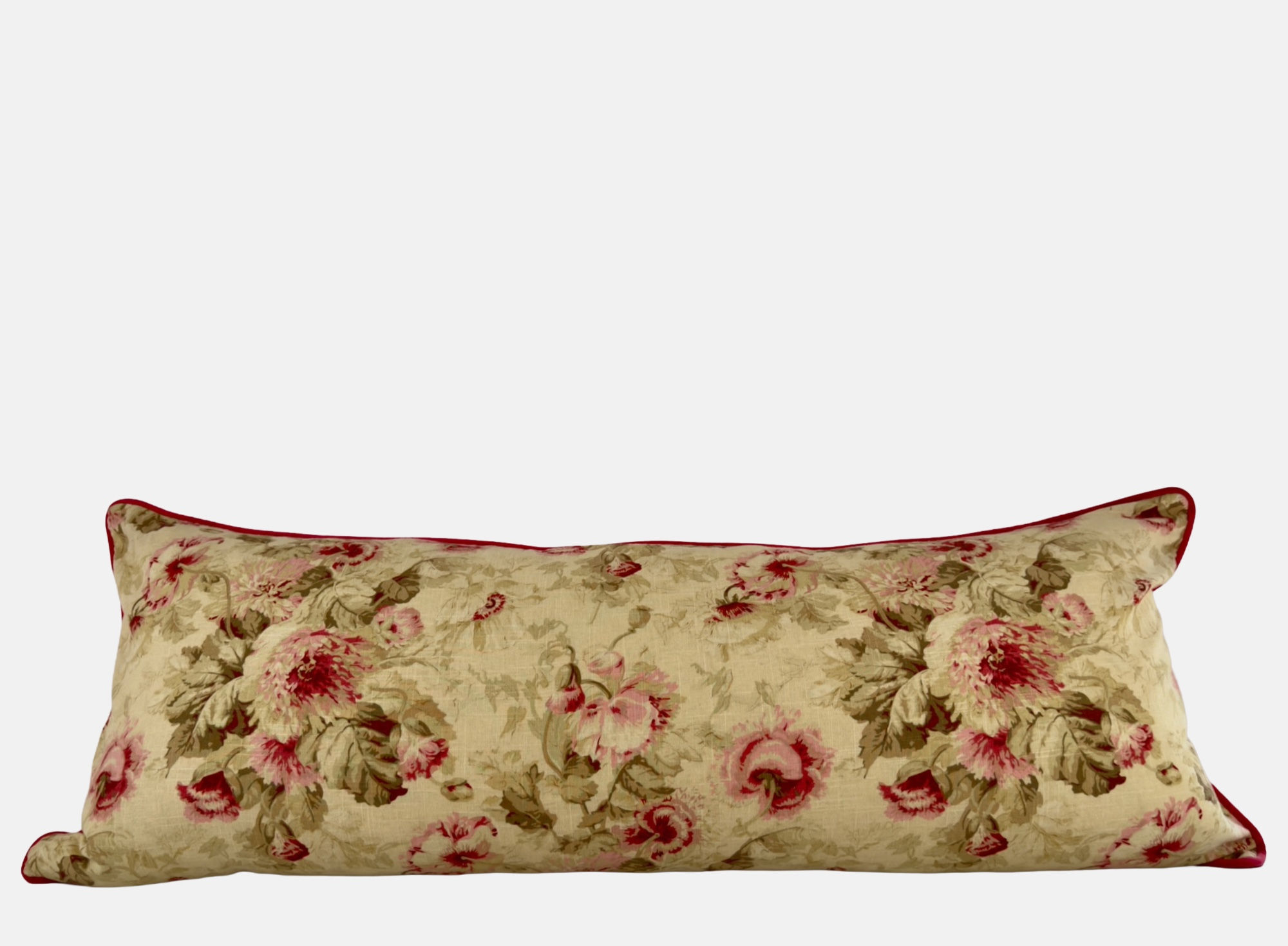 Patterned linen with reds, pinks and greens with poppy red velvet